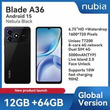 nubia 努比亚，智能手机，Blade A36 星云黑，无锁版，Android 15 系统，（4GB RAM + 8GB Fusion 存储）+ 64GB ROM，5000mAh 电池，双卡双待 4G，支持 NFC，4G LTE，全球版，新品发布 - 黑色 - 查看 1