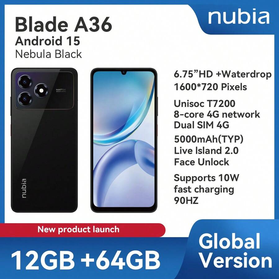nubia 努比亚,智能手机,Blade A36 星云黑,无锁版,Android 15 系统,(4GB RAM + 8GB Fusion 存储)+ 64GB ROM,5000mAh 电池,双卡双待 4G,支持 NFC,4G LTE,全球版,新品发布 - 黑色 - 查看 1