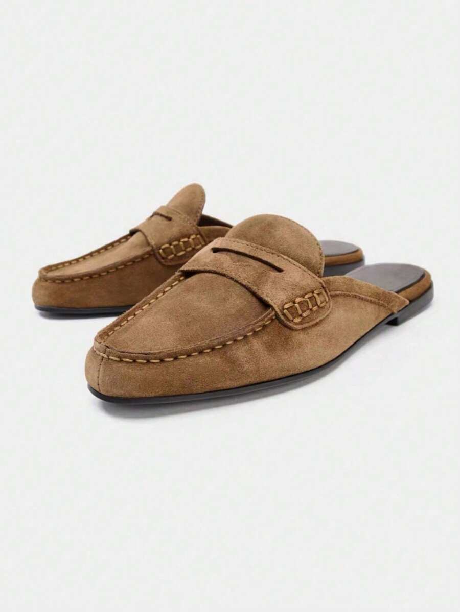 2026 Spring/Summer New Women's Suede Peep Toe Loafers, Round Toe - Brown - View 1