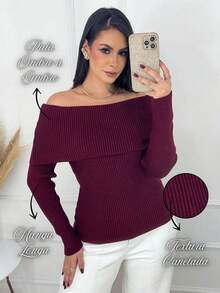 Women's Off-Shoulder Knit Sweater With Long Ribbed Sleeves, Modern Casual Style, Winter Fashion. - Rust - View 2