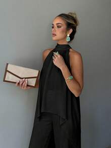 Women's 2-Piece Set, Elegant Solid Color Front Short Back Long Twist Halter Neck Top And Long Pants, Suitable For Party, Vacation, Street, Date In Spring/Summer Black - Black - View 3