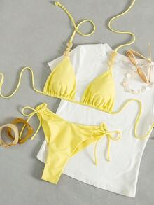 Bikini de dos piezas con parte superior de cuello triangular de unicolor y pantalones tipo brasileño, adecuado para vacaciones de verano en la isla, natación y playa - Amarillo - Ver 2