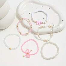 6-Pack Glass Rice Bead Imitation Pearl Soft Ceramic Handmade Bead Layered Bracelet Pink Series Women's Jewelry Cute And Sexy Versatile Vacation Y2K Bow Love Bracelet Set Stainless Steel Jewelry,  Items For Girls - 粉色 - 查看 5
