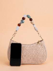 一款时尚的米色草编新月形手提包，饰有串珠细节，充满海滩风情；女士单肩包，非常适合海滩度假和其他休闲装扮。 - 米色 - 查看 8