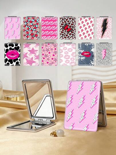 1个Y2K美学折叠化妆镜，轻巧便携，PU皮革材质，适合旅行、聚会、工作、上学等场合，适合所有年龄段。