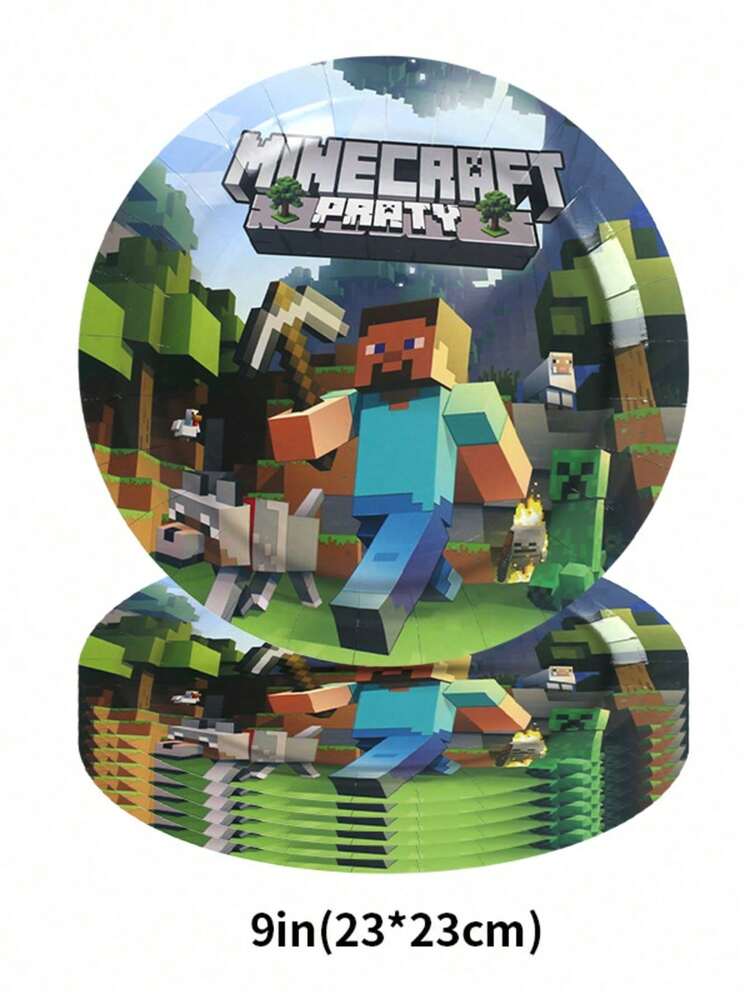 Minecraft 40/80件套全新Minecraft像素战斗主题一次性7英寸、9英寸纸盘套装，生日装饰，适用于节日、万圣节、圣诞节、家庭聚会、婚礼和生日等场合的一次性装饰套装 - 查看 6