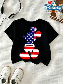 Official Authorization Disney Mickey Mouse USA Flag Print Kids T-Shirt, Boys Girls Cute Patriotic Graphic Short Sleeve Tee, Summer Casual Tops For 4th Of July Daily Wear, Children's Clothing Holiday Gift - Black - View 3