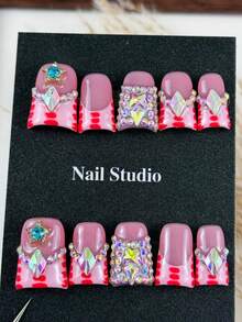 10pcs High-End Sweet And Cool Style, Hand-Painted Spot Patterns, Five-Pointed Star Diamonds, Dazzling Stacked Diamonds Handmade Fake Nails, Suitable For Sister Outings For Shopping, Taking Photos And Posting Them, As Well As Afternoon Tea. - Baby Pink - View 2