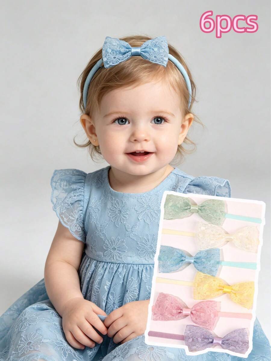 6 piezas Diademas de encaje de colores pastel para bebé, diademas de malla con flores bordadas para bebé, niña pequeña, recién nacido, bandas elásticas de nailon para el cabello, accesorios para el cabello de bebé, regalo para vacaciones - Multicolor - Ver 1