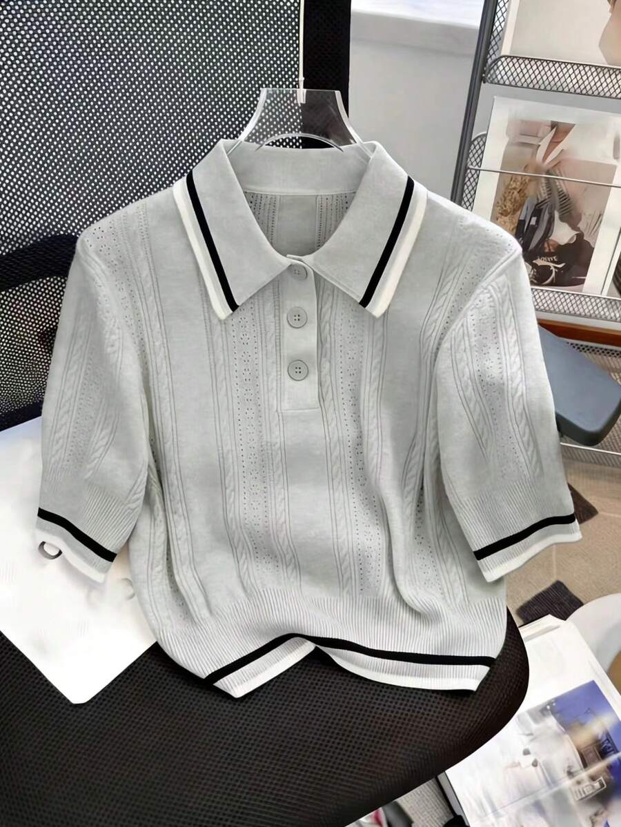 Top tricoté polyvalent décontracté à col polo design ajouré d'été - Gris pâle - Voir 1