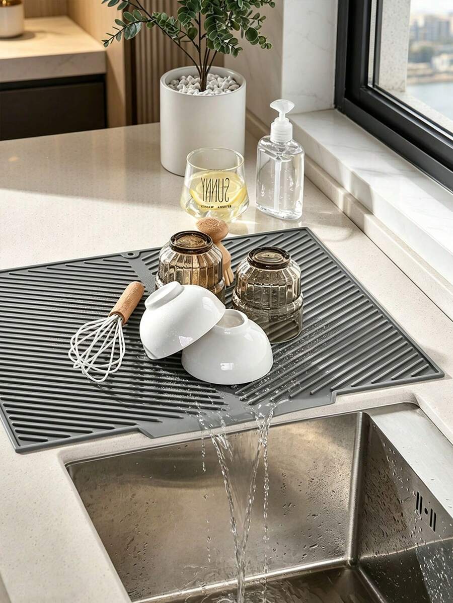 Thảm chắn bắn dầu mỡ và thảm lau khô bằng silicon cho nhà bếp, chống trơn trượt, dễ lau chùi, bền bỉ, có lỗ thoát nước, thiết kế tiết kiệm không gian, dùng cho bồn rửa, bếp và mặt bàn.