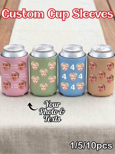 1/5/10pcs Custom Baby Face Photo Can Cooler Sleeves, Personalized Picture & Text Neoprene Beer Can Insulators, High-Quality Insulated Drink Coolers, Multiple Colors Available, Perfect For 1st Birthday, Baby Shower, Easter, Mother's Day, Father's Day, Wedding, Ideal For Family Gifts, Party Favors, Beer Can Cooler & Daily Use