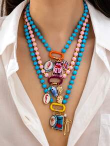1 pieza Collar de cuentas de resina multicapa con encantos de peces y estrellas de mar de estilo playero de verano para mujeres, joyería bohemia con colgantes de estrellas de mar y peces, adecuado para vacaciones y fiestas en la playa - Multicolor - Ver 8
