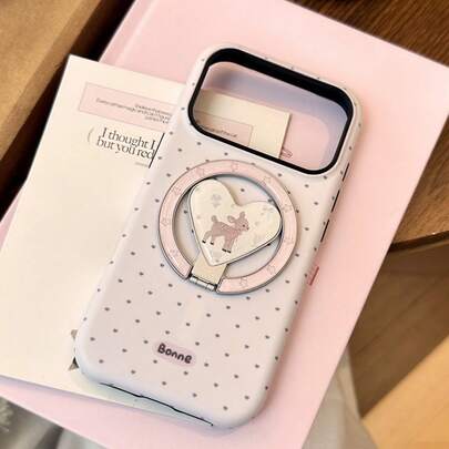 GUCADI 磁性灰色爱心圆点+金色小鹿爱心磁性手机壳支架，适用于 17、16 Pro Max，可爱小鹿 13 磁性支架，15 款高品质卡通可爱、创意、几何、卡通风格、清新、小众、可爱宠物、ins 风格