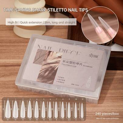 BAOSHIMAN 240/510片超长透明尖头美甲贴片，超长直型亚克力假指甲，全覆盖无C型弧度美甲延长贴片，适用于美甲沙龙美甲