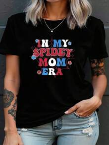 Summer Tops INMYSPIDEYMOMERA Spider-Mom Print Women's Short Sleeve T-Shirt Soft Skin-Friendly Individual Warm Spring Summer Clothing Round Neck Machine Washable Fashionable Design Versatile Breathable Non-Stuffy Regular Fit Cotton T-Shirt - 黑色 - 查看 6