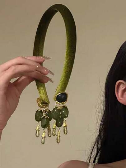 1Pc Retro Tassel Headband With Olive Green, New Chinese Hair Clip, Women's Imitation Earrings, Elegant Headwear Accessories, New Chinese Style Headwear, Women's High-End Sense, Chinese Style Hair Tie, Bun Hair Accessories, Daily, Beach Vacation, Hairdressing Accessories, Women's Beach Accessories