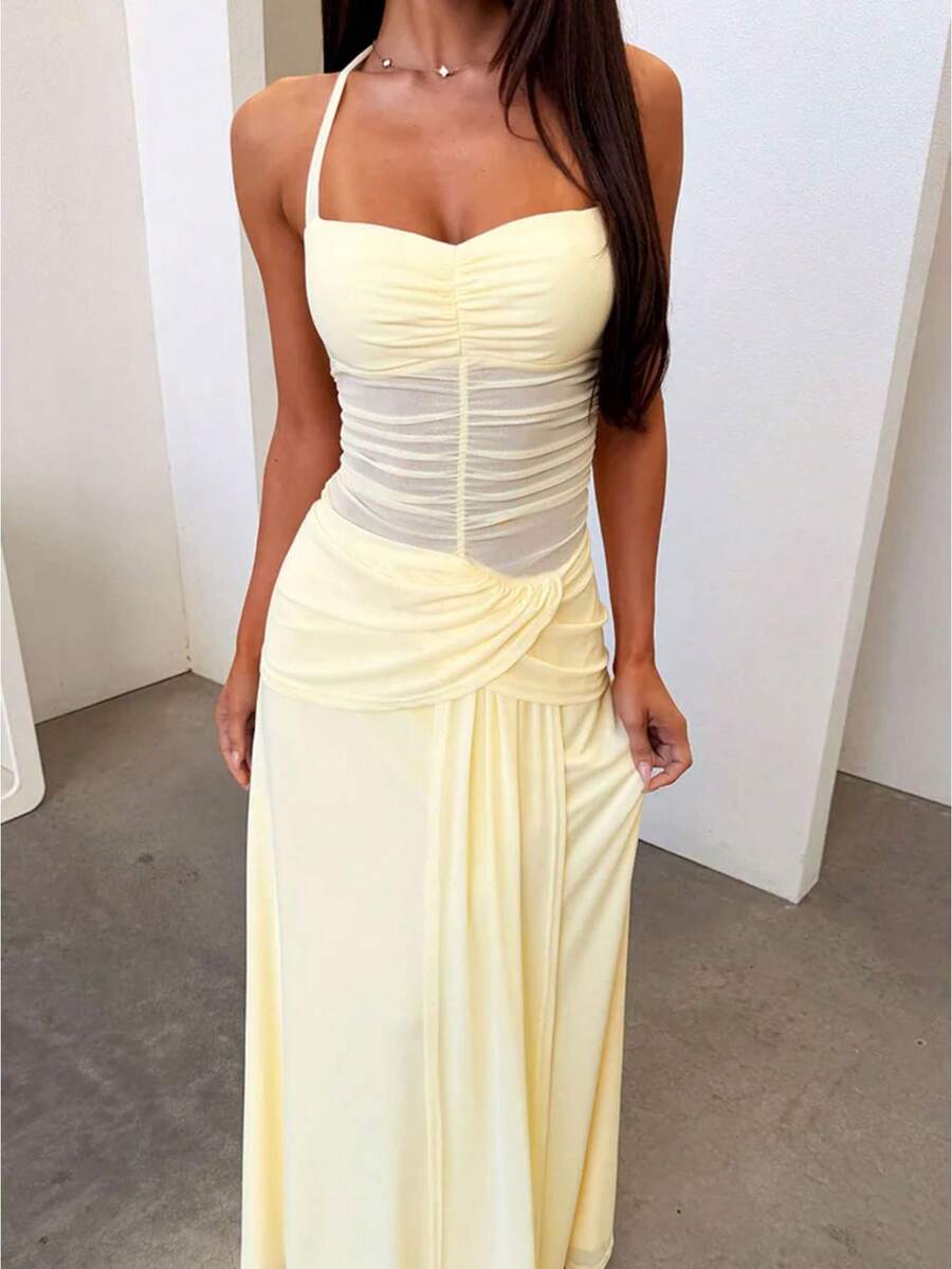 Women Elegant Off-Shoulder Backless  Dress Strapless Sleeveless Design Dating Party Long Dresses - 黃色 - 查看 1