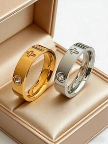 1pc Luxury Heart Cross Stainless Steel Couple Ring, Personalized Rhinestone Inlaid Ring, Wedding Jewelry, Suitable For Everyday Wear - Gold - View 1
