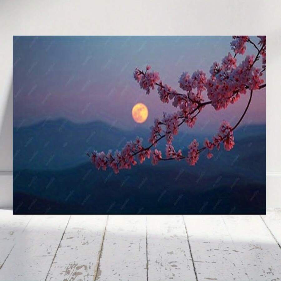 Arte de Pared 2D Plano, Inspirado en lo Moderno - Pintura de Cerezo y Luna en Cielo Nocturno Rosa y Morado sobre Lienzo Envolvente con Marco de Madera, Decoración Colgante para Exteriores en Sala, Dormitorio, Oficina - Impresión al Estilo Óleo de Paisaje Arbóreo, 2D Plano - Enmarcado - Ver 1