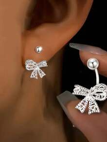 1 Đôi bông tai hình nơ rỗng bằng bạc Sterling S925, kiểu dáng tinh tế, ngọt ngào, phong cách nữ tính, độc đáo, cá tính, thời trang Y2K dành cho nữ - nơ - Xem 3