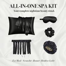 黑色美学缎面护发套装：奢华枕套、睡眠眼罩和免加热卷发器套装，午夜丝绸般柔软，打造柔顺秀发。 - 均碼 - 查看 7