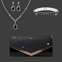 4pcs Rhinestone Jewelry Set, Shiny Necklace Earrings Bracelet, Women's Evening Clutch Bag, Bridal Wedding Shiny V-Shaped Flap Envelope Clutch Bag With Detachable Metal Chain, Suitable For Gala, Wedding And Party, Women's Shoulder Bag, Women's Clutch Bag, Women's Evening Handbag, Multifunctional Shiny Handbag, New Cocktail Wedding Wallet Banquet Bag, Suitable For Bride And Bridesmaids - Black - View 7