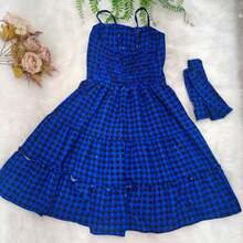 Checkered Dress With Thin Straps - Festa Junina 2025. Shortened Design That Flatters The Body, Vibrant Colors, With Built-In Bra. - 藍色 - 查看 2