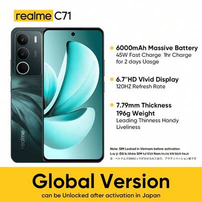 Realme C71 无锁智能手机 6GB+128GB/8GB+256GB 全球版 4G LTE，Android 15 系统，5000 万像素 AI 摄像头，120Hz 显示屏，轻薄便携，6000mAh 大容量电池，45W 快充，八核处理器，不含适配器