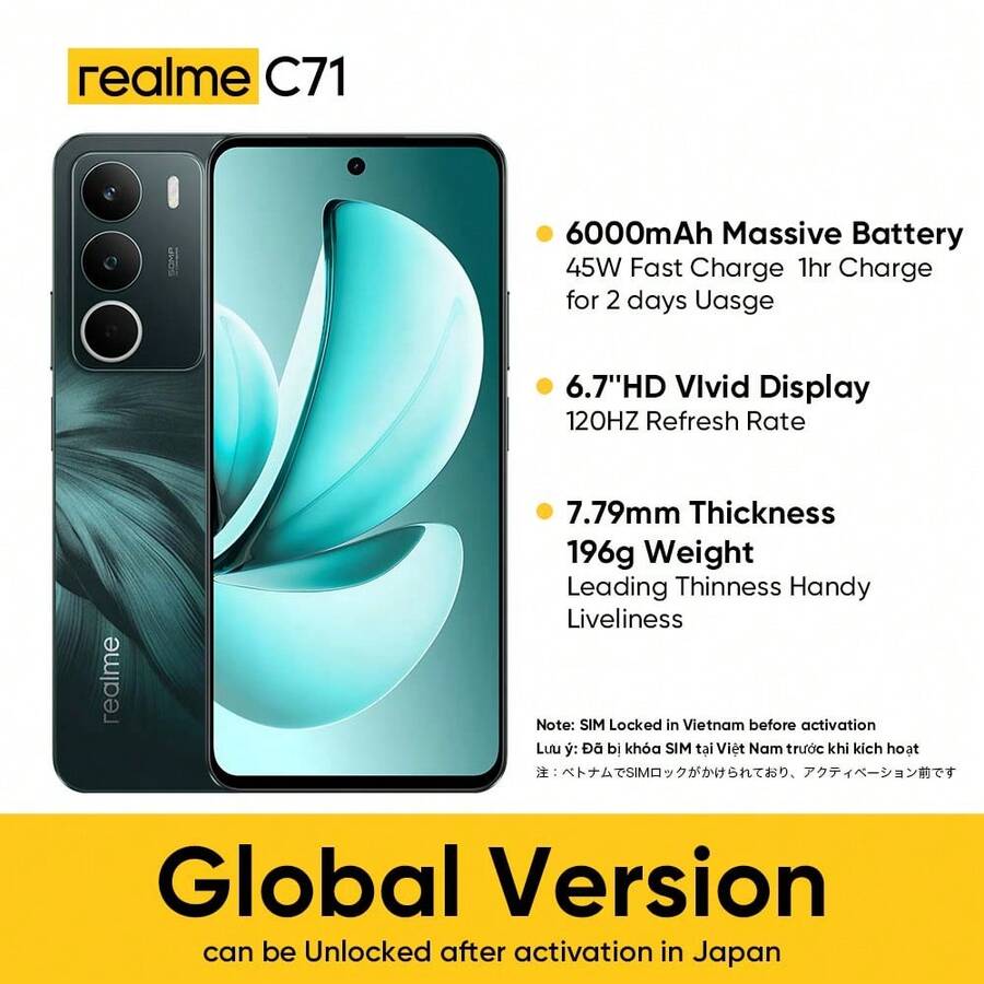 Realme Smartphone desbloqueado C71 6GB+128GB/8GB+256GB, versión global 4G LTE, Android 15, cámara AI de 50MP, pantalla de 120Hz, ligero y portátil, batería de 6000mAh, carga rápida de 45W, procesador Octa-Core, adaptador no incluido