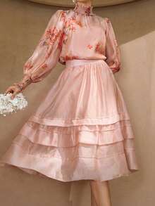 优雅浪漫飘逸手工长袖上衣+柔软可调节吊带背心+A字裙摆三件套女装，奢华之选 - 淺粉色 - 查看 2