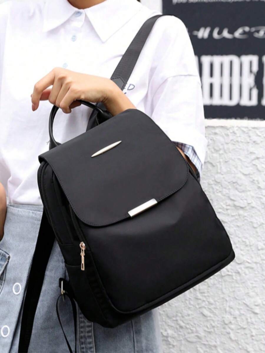 Mochila de gran capacidad para mujer, bolso de mano de estilo clásico de unicolor, mochila para estudiantes - Negro - Ver 1