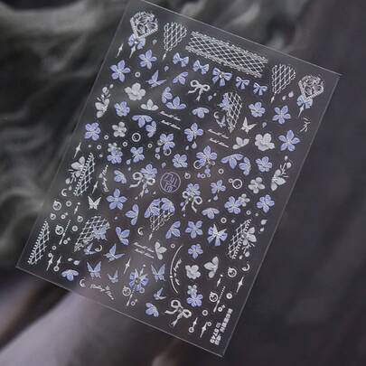 1 pieza Pegatinas de arte de uñas con flores exquisitas de 5D Rhinestones, estilos de encaje Kwaii, flor azul, calcomanías autoadhesivas para deslizar arte de uñas DIY