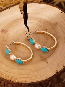 1 Par de Brincos de Argola Elegantes e Vintage com Pedra Oval de Turquesa, Brincos Personalizados da Moda para Uso Diário - Dourado - Visão 8
