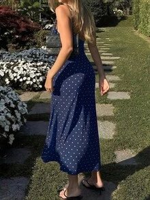 Đầm maxi dáng chữ A bằng satin in chấm bi thanh lịch, lãng mạn của Yuwenier, thiết kế hở lưng với dây áo hai dây phối ren, thích hợp cho ngày Valentine, lễ hội âm nhạc, kỳ nghỉ, bãi biển mùa hè. - Màu xanh lam - Xem 4