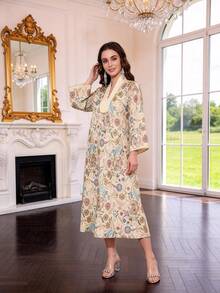 Mẫu mới năm 2026: Đầm thêu hoa đính cườm thanh lịch, áo choàng dài tay cổ chữ V Jalabia, váy dạ hội thời trang dành cho nữ, trang phục truyền thống Ramadan. - Màu vàng - Xem 9