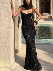 Vestido de sirena con espalda descubierta estilo retro francés, adecuado para fiestas y eventos de cumpleaños - Negro - Ver 5