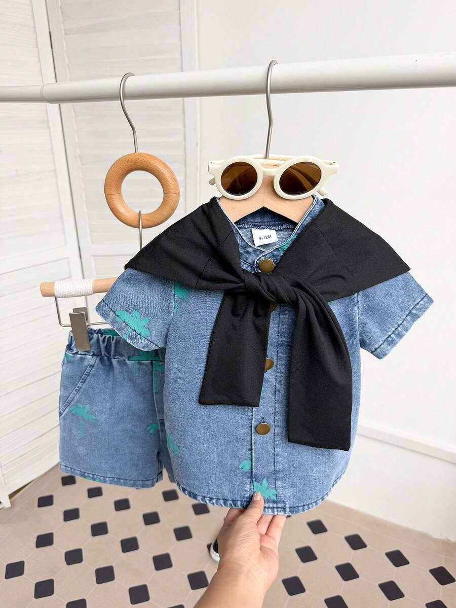 3pcs Infant Boy Summer Fashion Cool Casual Polo Collar Short Sleeve Top Paired With Casual Daily Shorts + Versatile Shawl Decor 3-Piece Set, Suitable For Daily, Outdoor, School, Commute, Street - Blue - View 1