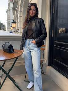 Chaqueta de motocicleta de piel sintética para mujer Giolshon - Cremallera asimétrica, cuello alto, adecuada para el estilo urbano y de transporte, negra elegante de primavera - Negro - Ver 9
