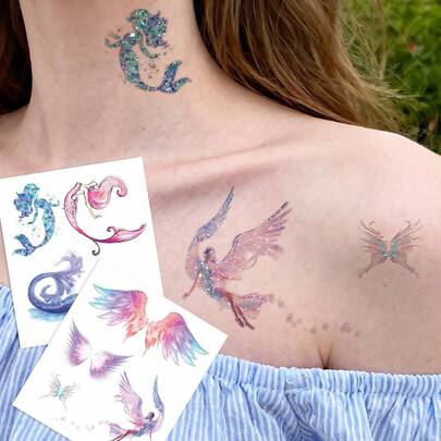 STARTTOOS Glitter Temporary Tattoos - Minimalist Dreamlike Iridescent Mermaid Angel Wings Design, Y2K Style, Suitable For Music Festivals, DIY Anime Events, Carnival, Valentine's Day, Party Gifts, Waterproof Realistic Tattoo Stickers For Wrist, Ankle, Shoulder, Neck, Collarbone