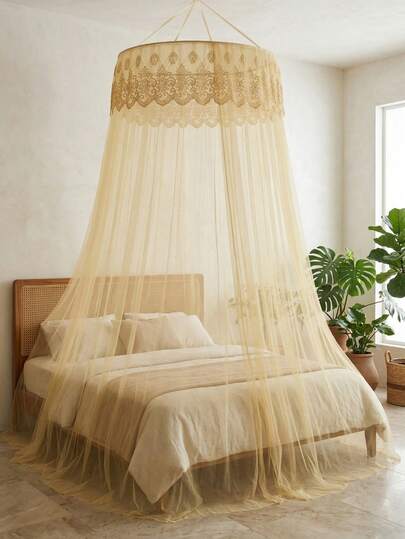 Elegant Lace Canopy Mosquito Net, Breathable Anti-Mosquito Hanging Canopy, Round Suspended Design, Sheer Curtain, Balancing Sleep And Decoration, Sheer Mosquito Net, Delicate Lace Trim, Daytime Lighting And Nighttime Mosquito Protection, Easy Installation Round Bed Curtain, Lightweight Sheer Mosquito Net, Romantic Bedroom/Dorm Decor, Dreamlike Bedroom Ambiance