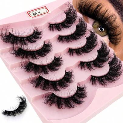 HBZGTLAD 5 Pairs Extra Long & Thick False Eyelashes, Natural Fluffy Wispy Cat Eye Lashes, Densely Curled Faux Mink 3D Fluffy Russian Lash Extensions, Reusable For Daily Wear & Practice