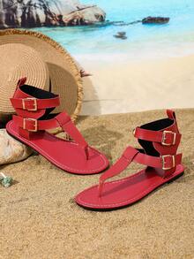 Women's Solid Color Buckle Casual Flat Thong Sandals, Suitable For Gym, Beach, Versatile, Summer Leisure Sandals - Red - View 4