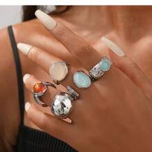 Set de 5 anillos de aleación, anillos de diseño asimétrico y lujoso con decoración incrustada para mujeres - Anillo de mujer - Ver 2