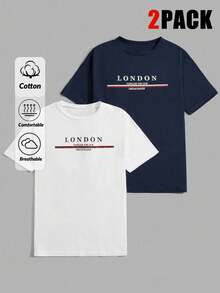 Men Cottonline 2pcs Letter Printed Regular T-Shirts - Blue and White - View 13