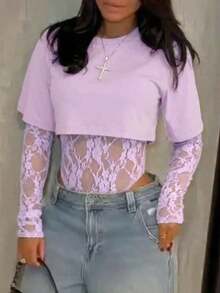 Body entero de encaje transparente para mujer, manga larga tul estampado floral, estilo sensual elegante, ideal para uso diario, citas, fiestas y espectáculos primavera verano - Púrpura malva - Ver 5