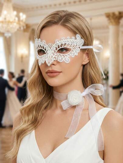 Bộ 2 món gồm mặt nạ ren hoa và khăn quàng cổ dành cho nữ, phụ kiện dự tiệc gợi cảm và thanh lịch, mặt nạ nửa mặt dự tiệc hóa trang kèm ruy băng hoa.