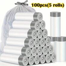100pcs (5 Rolls) Thick Drawstring Trash Bags - Leak-Proof Kitchen, Bathroom, Home & Office Use, Durable Disposable Garbage Bin Liners - A - View 1