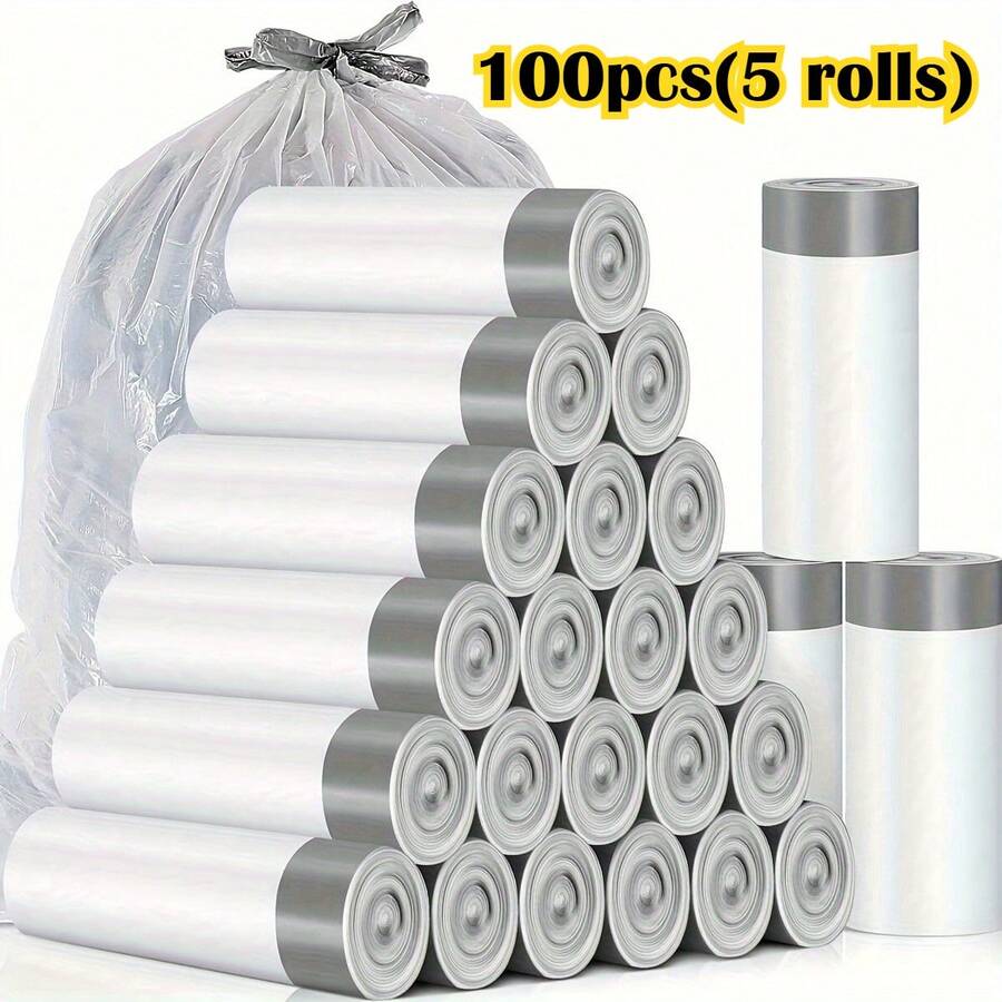 100pcs (5 Rolls) Thick Drawstring Trash Bags - Leak-Proof Kitchen, Bathroom, Home & Office Use, Durable Disposable Garbage Bin Liners - A - View 1