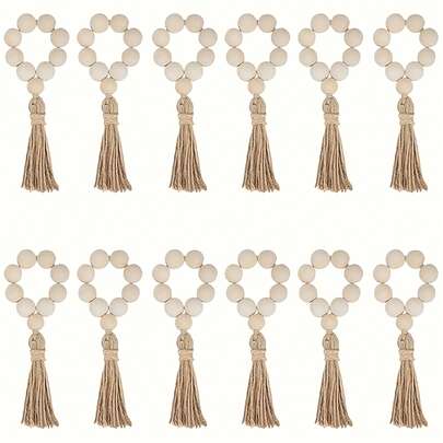 12 piezas/6 piezas/1 pieza Anillos para servilletas estilo bohemio hechos a mano con borlas y cuentas de madera, ajustables, adecuados para la decoración rústica de la mesa de comedor